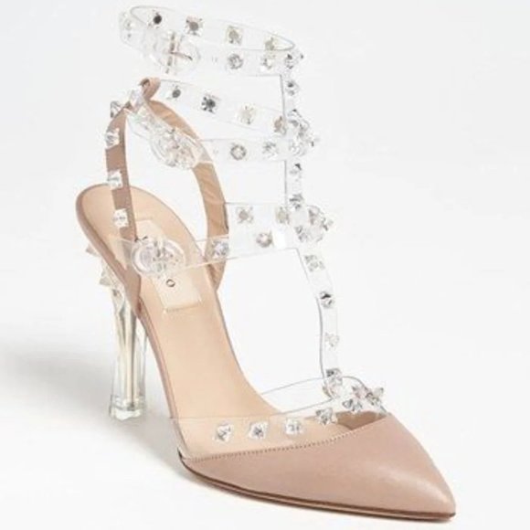 HP🎉 Valentino Nude Rockstud Clear PVC Heel Caged Sandal with Box, Bag 40.5